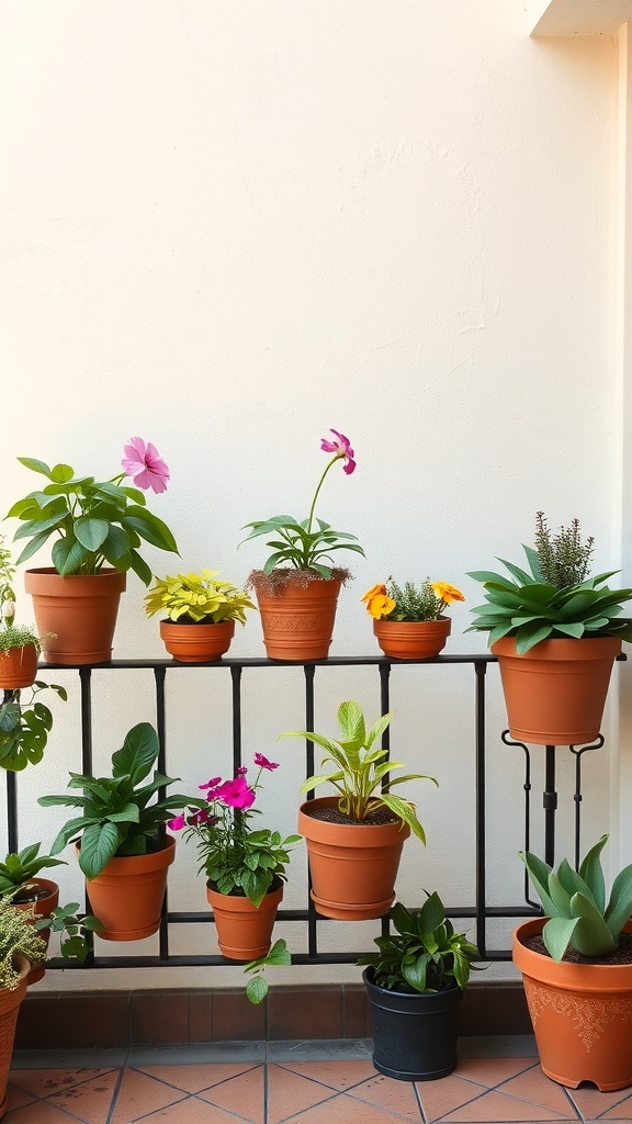A collection of potted plants displayed on a black railing, showcasing various colors and sizes.