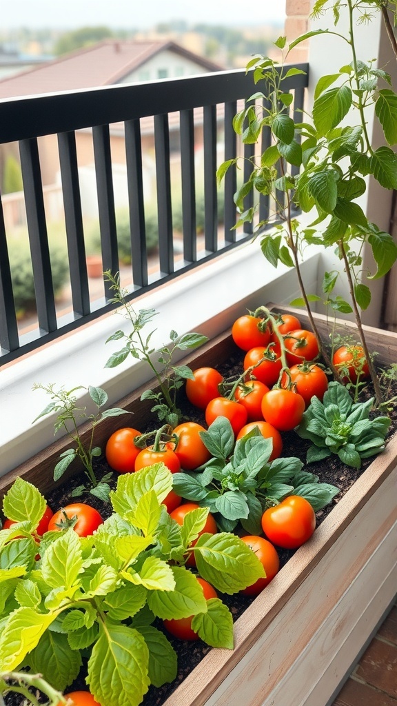 A raised bed on a balcony filled with ripe tomatoes and green herbs.