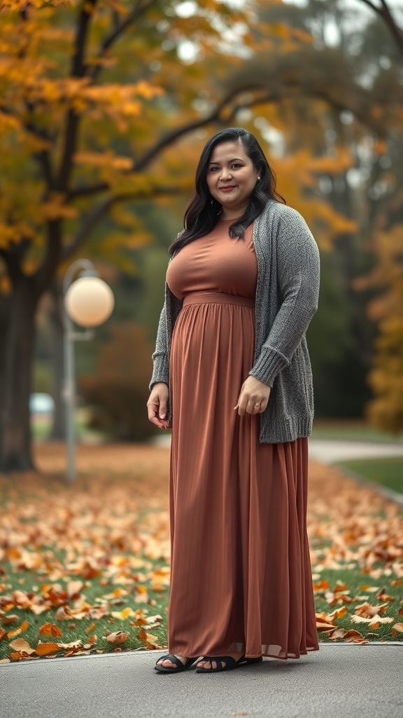 A plus-size woman wearing a maxi dress and cardigan in a fall setting with colorful leaves.