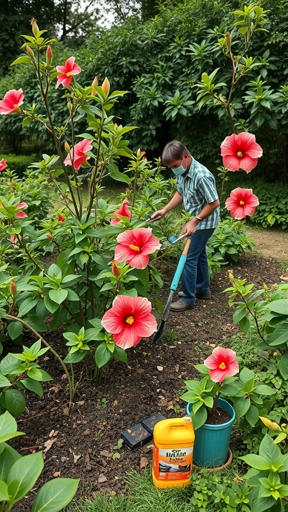 A gardener tending to a hibiscus garden with large pink flowers, showcasing seasonal care.