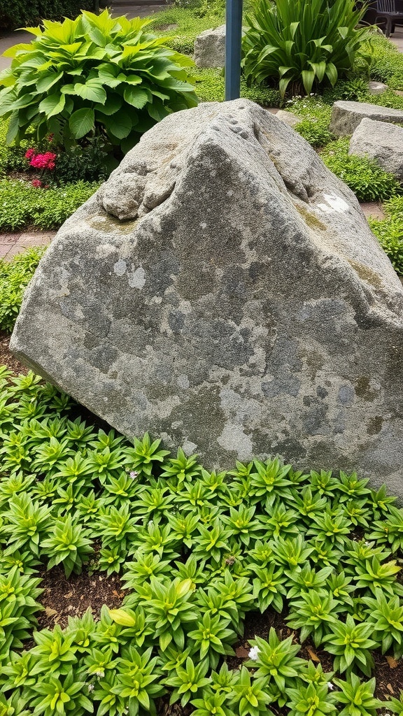 A large rock surrounded by green ground cover and some colorful flowers in a garden.