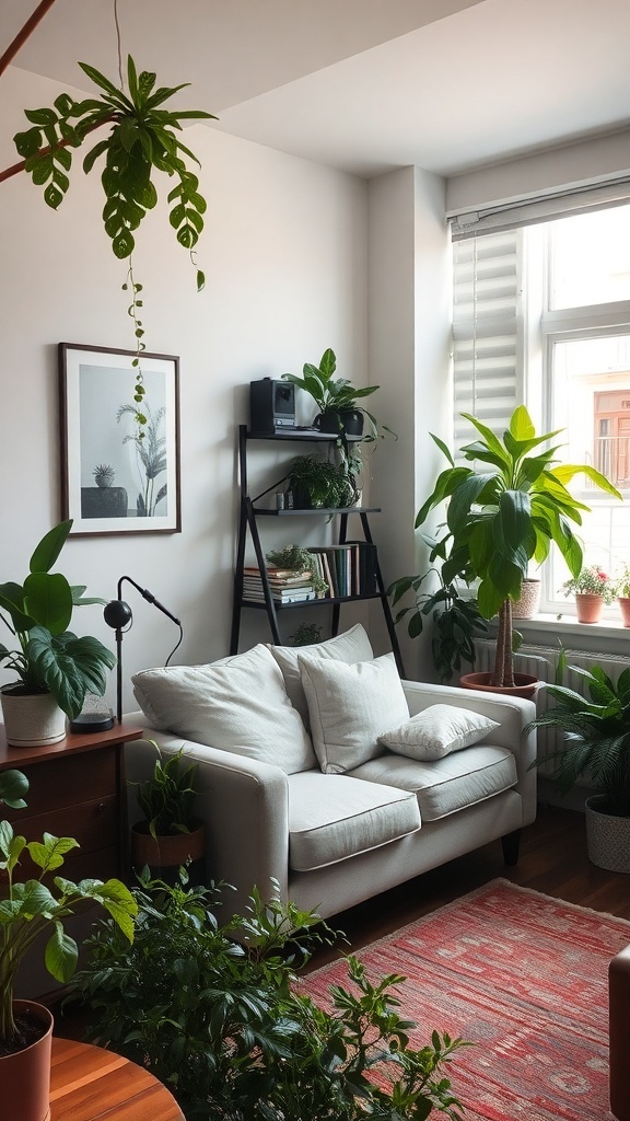 A small living room with various indoor plants, a white sofa, and a warm rug.