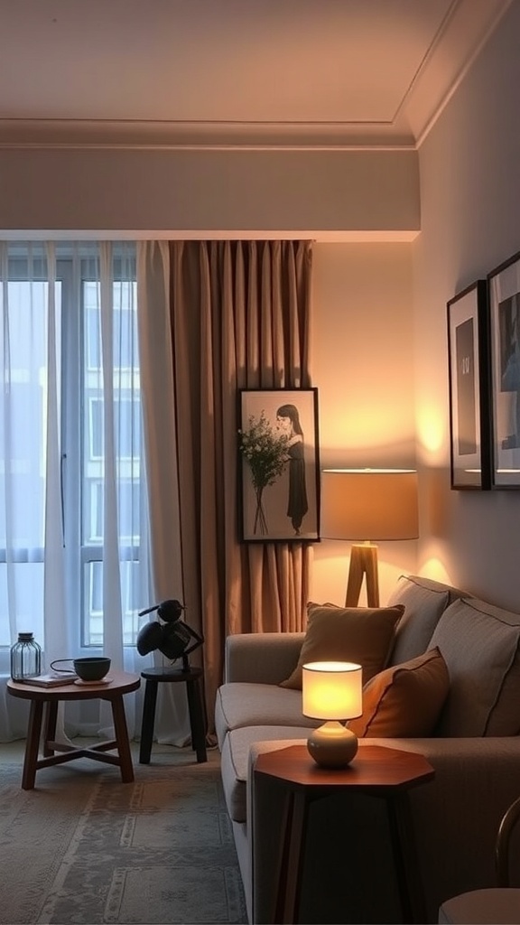 Cozy small living room with smart lighting and decorative elements.