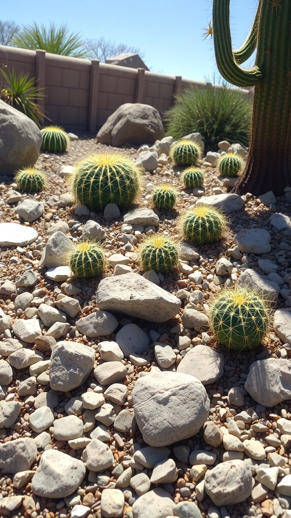 A rock garden featuring various cacti and stones, creating a desert-like environment.