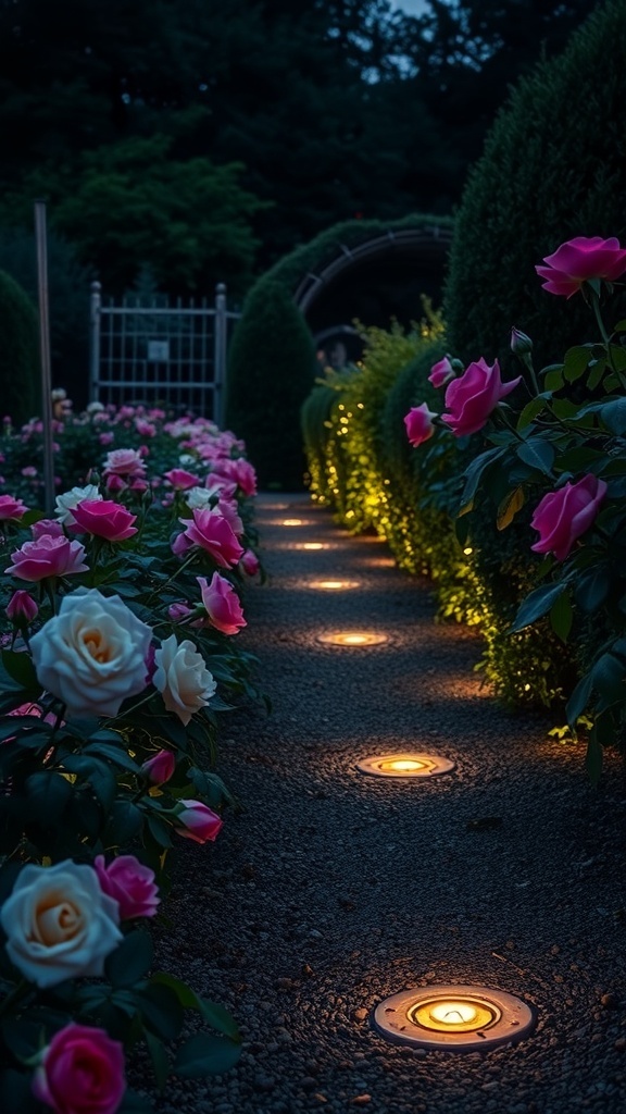 A beautifully lit pathway surrounded by pink and white roses in a garden at dusk.