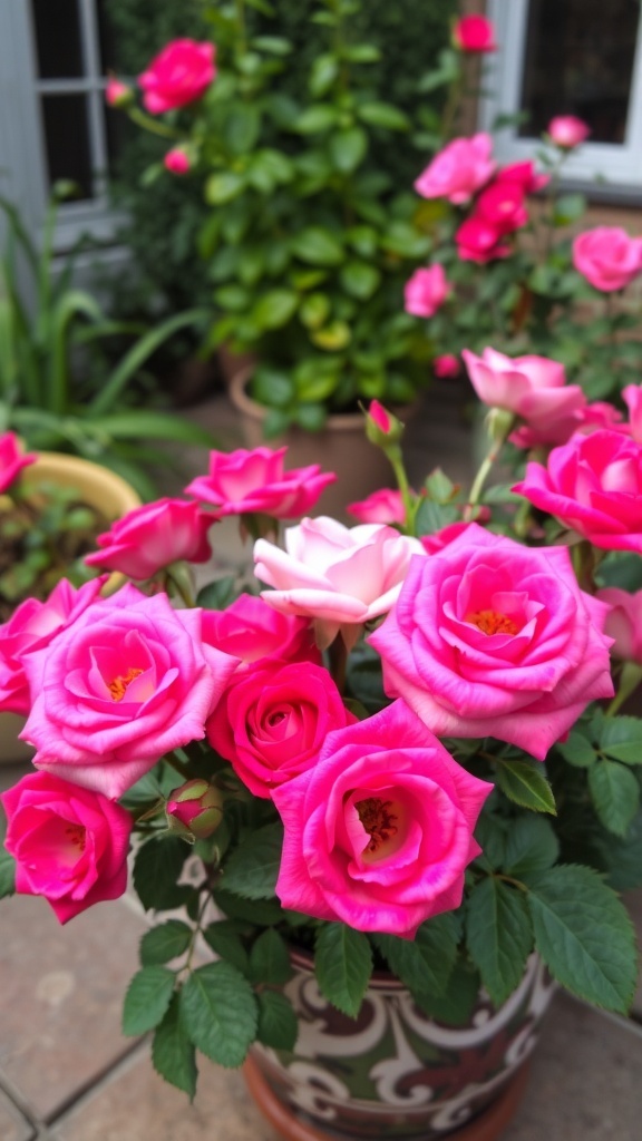 Vibrant pink roses in a decorative pot on a patio