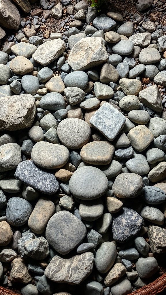 A variety of smooth stones arranged in a meditative style, creating a calming rock garden.