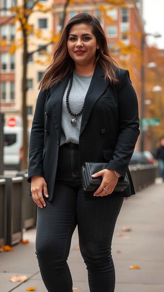 A plus-size woman wearing a tailored black blazer over a gray top, standing confidently on a city street.