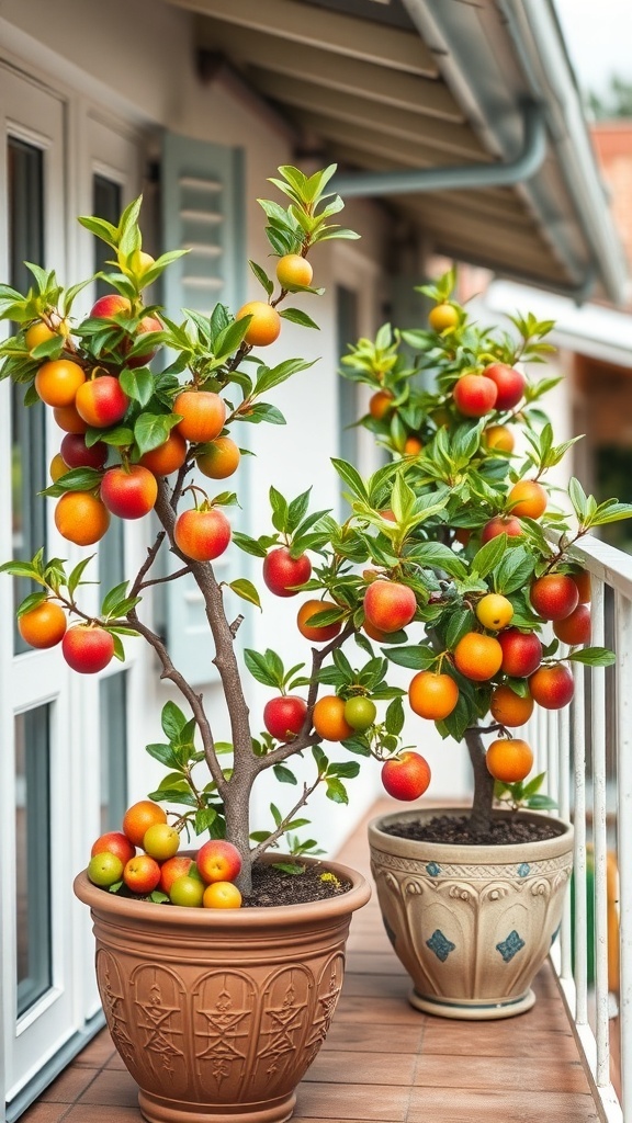 Two fruit trees in decorative pots on a balcony, filled with colorful fruits.