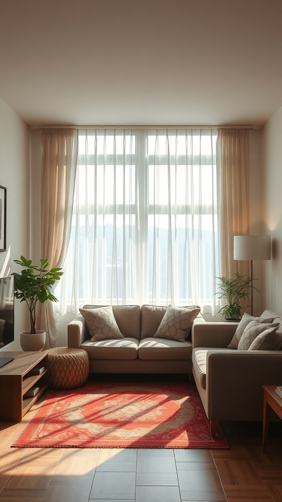 A cozy small living room with sheer curtains allowing natural light to flow in.
