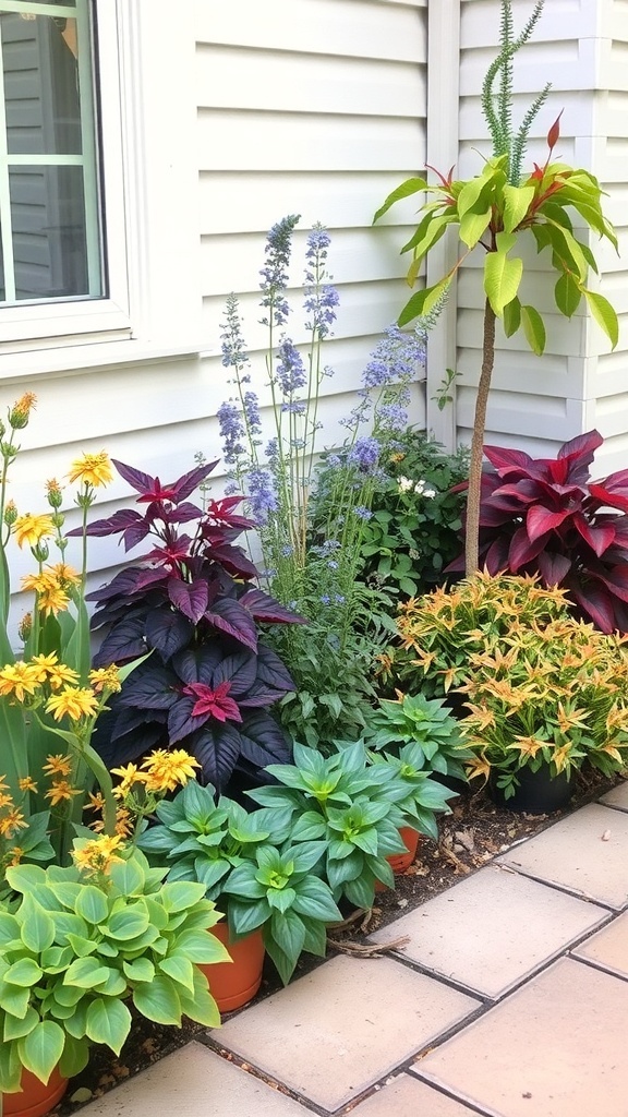 A small patio garden with a variety of colorful plants in pots, showcasing seasonal plant rotation.