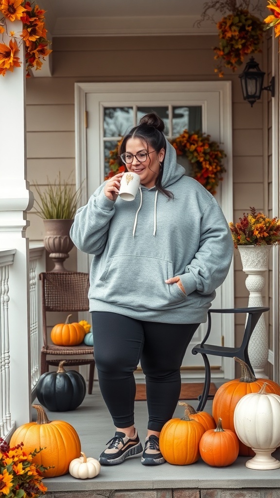A woman wearing a gray oversized hoodie and black leggings, holding a coffee cup on her porch decorated with pumpkins.