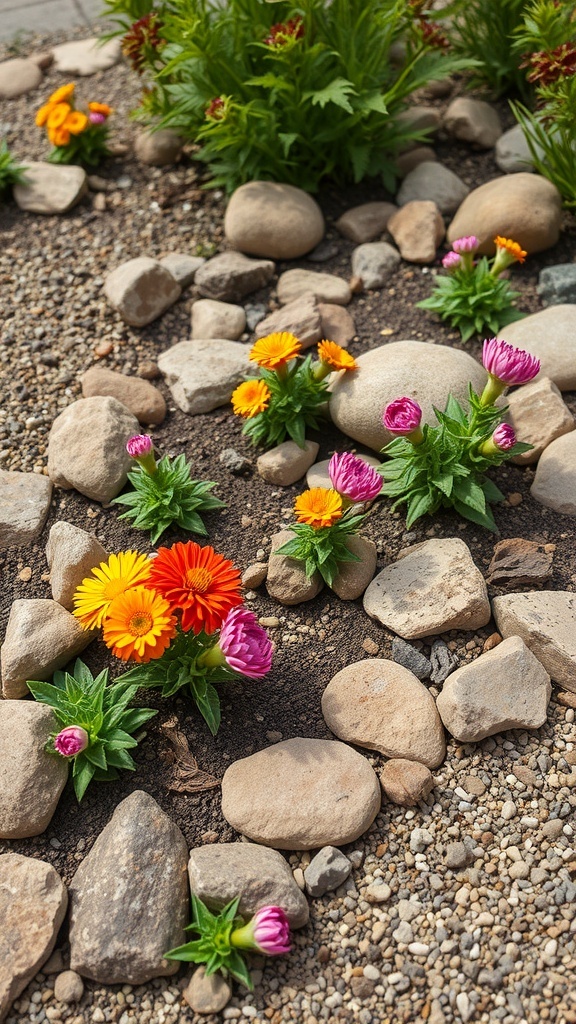 A rustic stone border garden featuring colorful flowers and various sizes of stones.