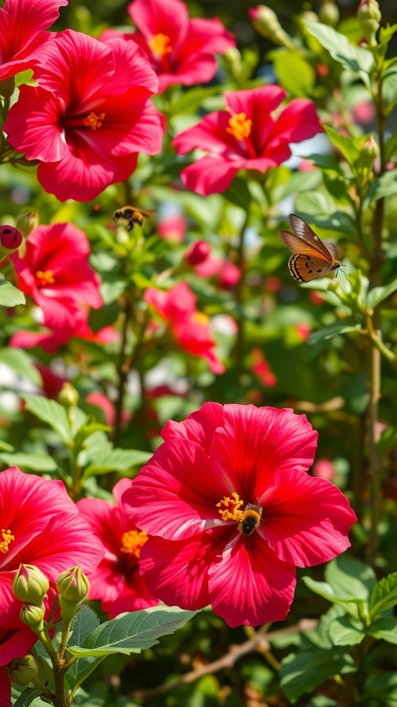 A vibrant hibiscus garden with pink flowers, showcasing bees and butterflies.