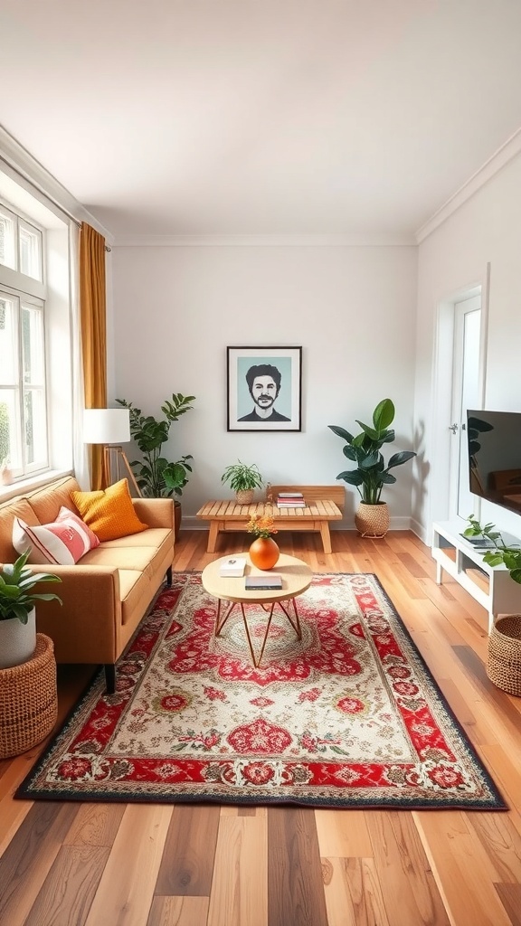 A small living room with a cozy area rug, plants, and a comfortable sofa.