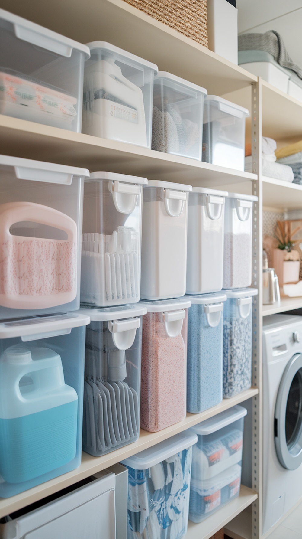 Neatly organized laundry room shelves with clear containers holding various supplies.