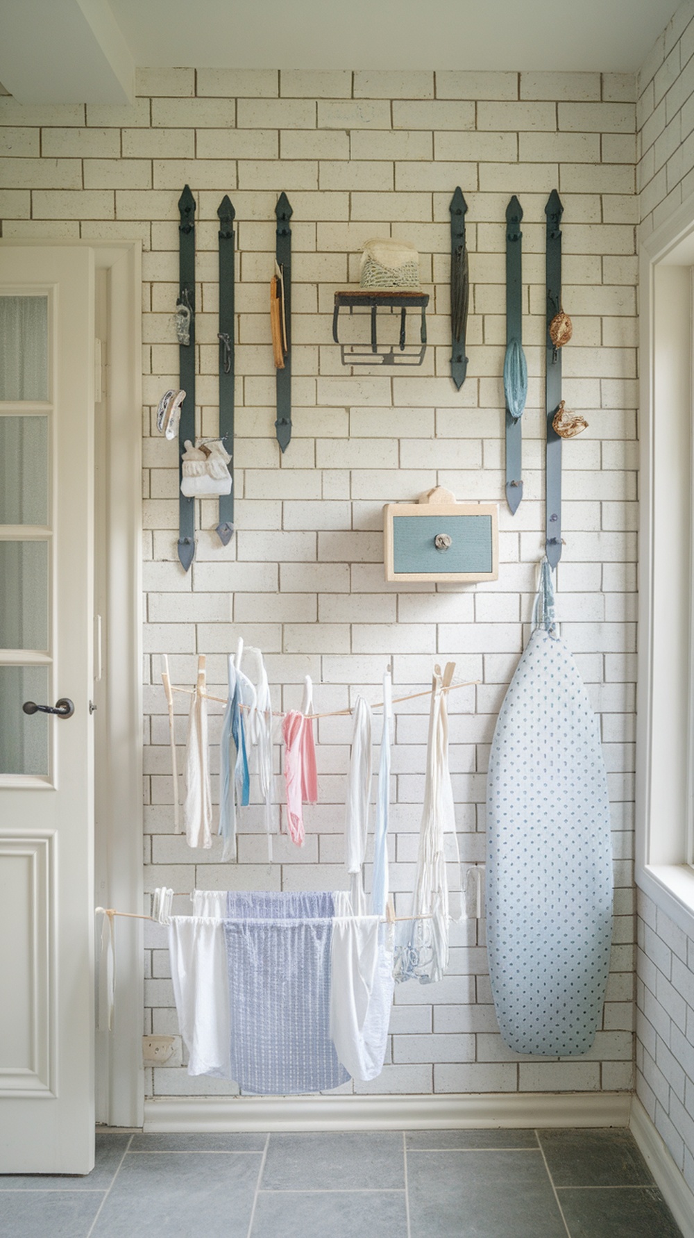 Laundry room with hooks for accessories and tools, showcasing an organized space.
