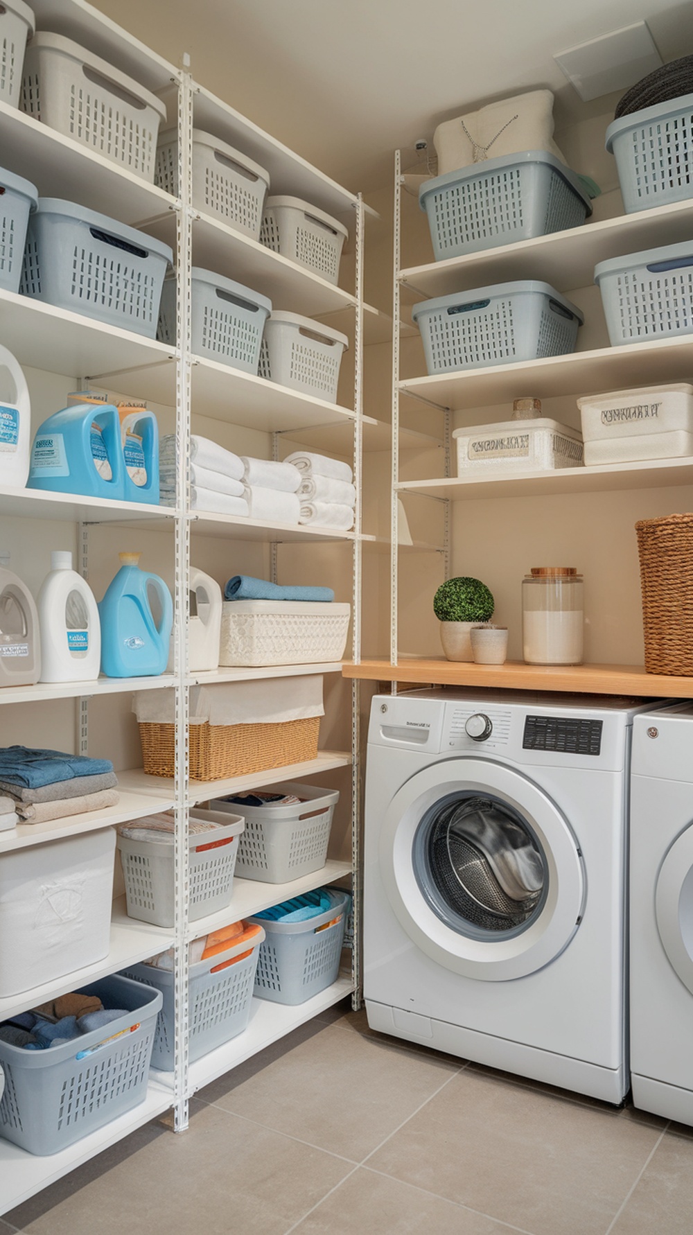 A neatly organized laundry room with shelving units, baskets, and a washing machine.
