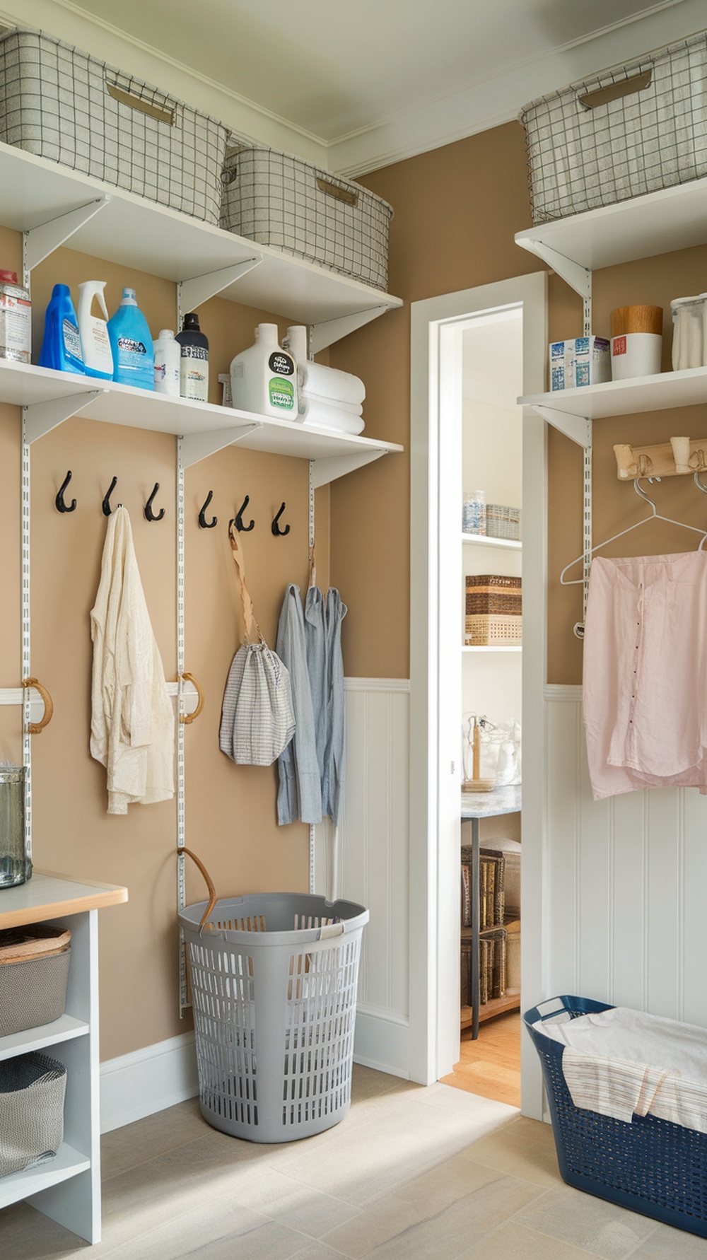 Organized laundry room with vertical storage solutions, including high shelves and hooks for hanging items.