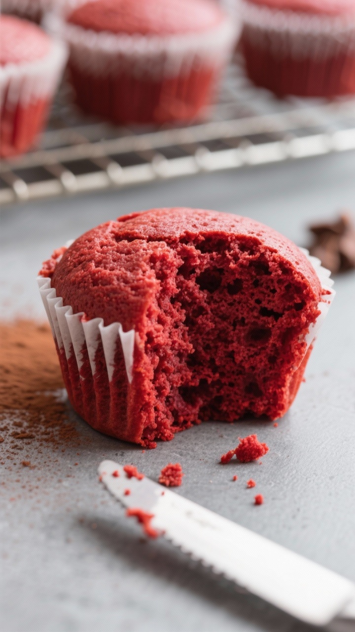 Close-up detail: A freshly baked vegan red velvet cupcake, unwrapped and halved to reveal a plush, m