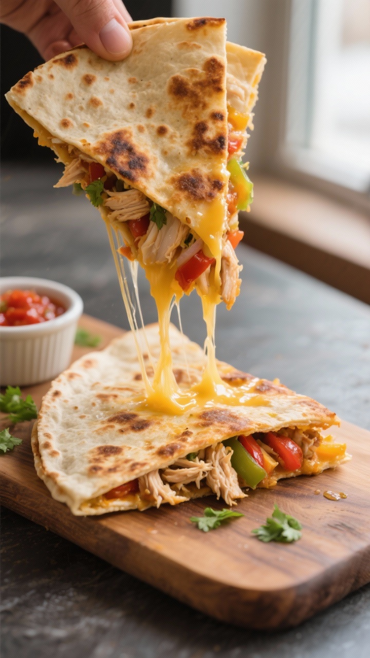 Close-up detail: A golden-brown chicken quesadilla wedge just sliced and resting on a wooden board,