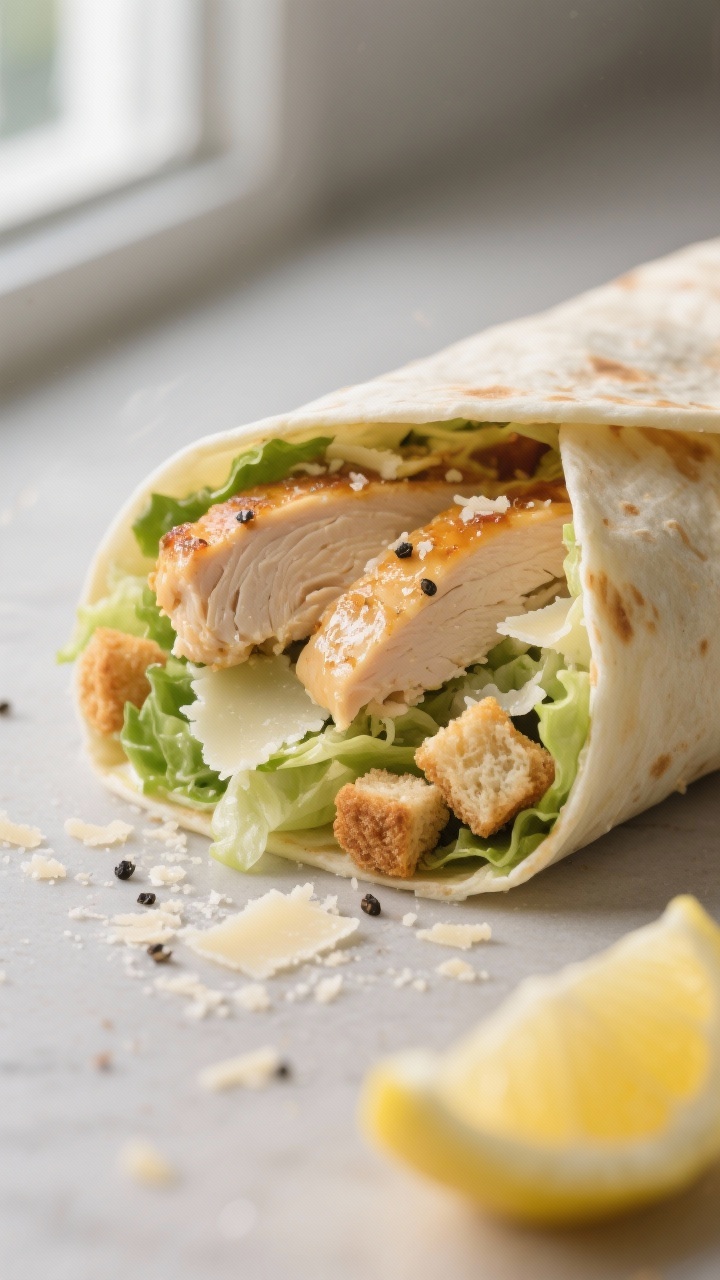 Close-up detail: A just-sliced Chicken Caesar Salad Wrap with the cross-section facing camera, highl
