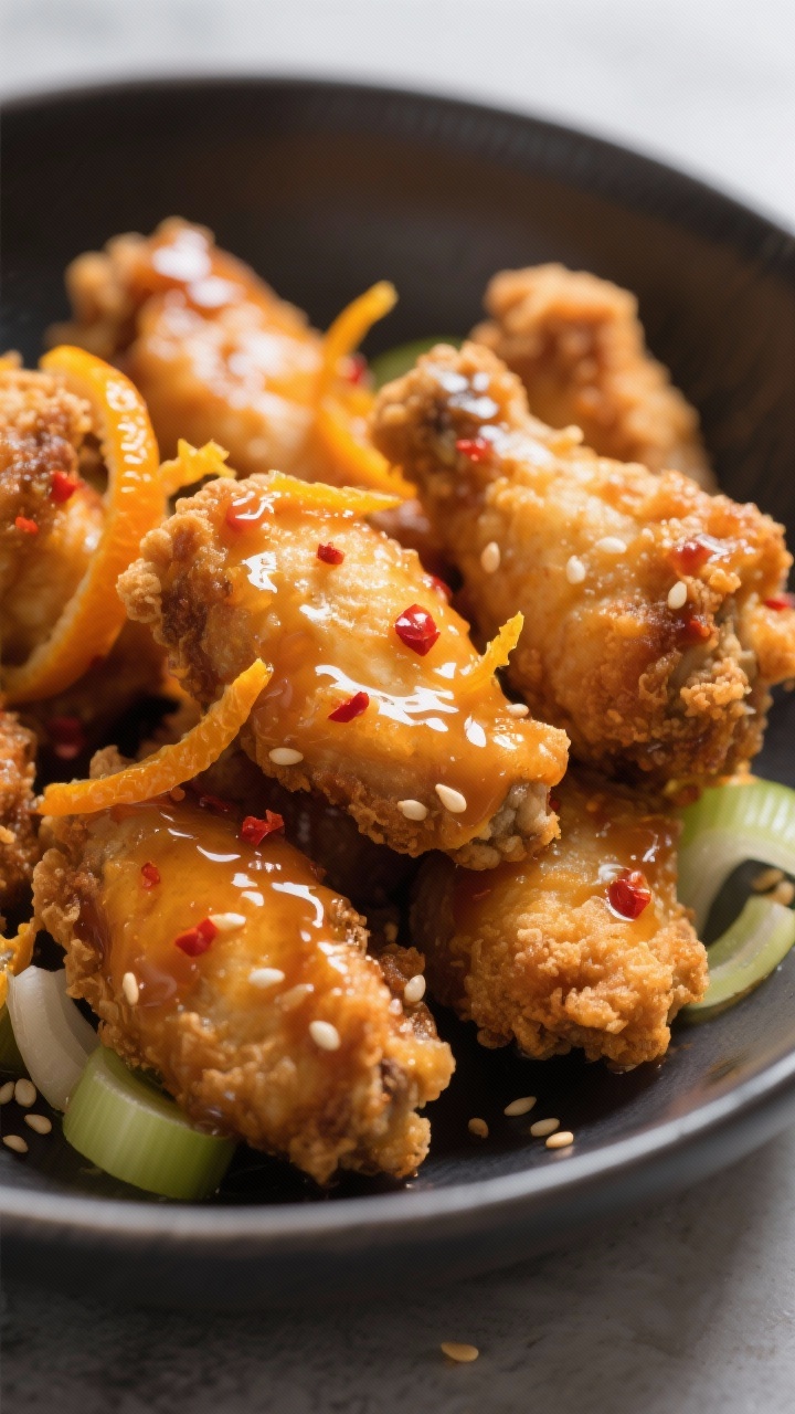 Close-up detail: Crispy air-fried orange chicken pieces just tossed in a glossy, thickened orange gl