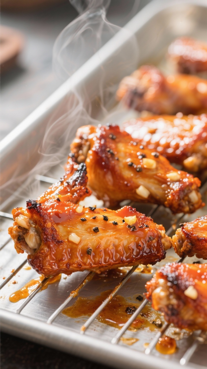 Close-up detail: Crispy roasted chicken wings just out of the oven, skin blistered and lacquered wit