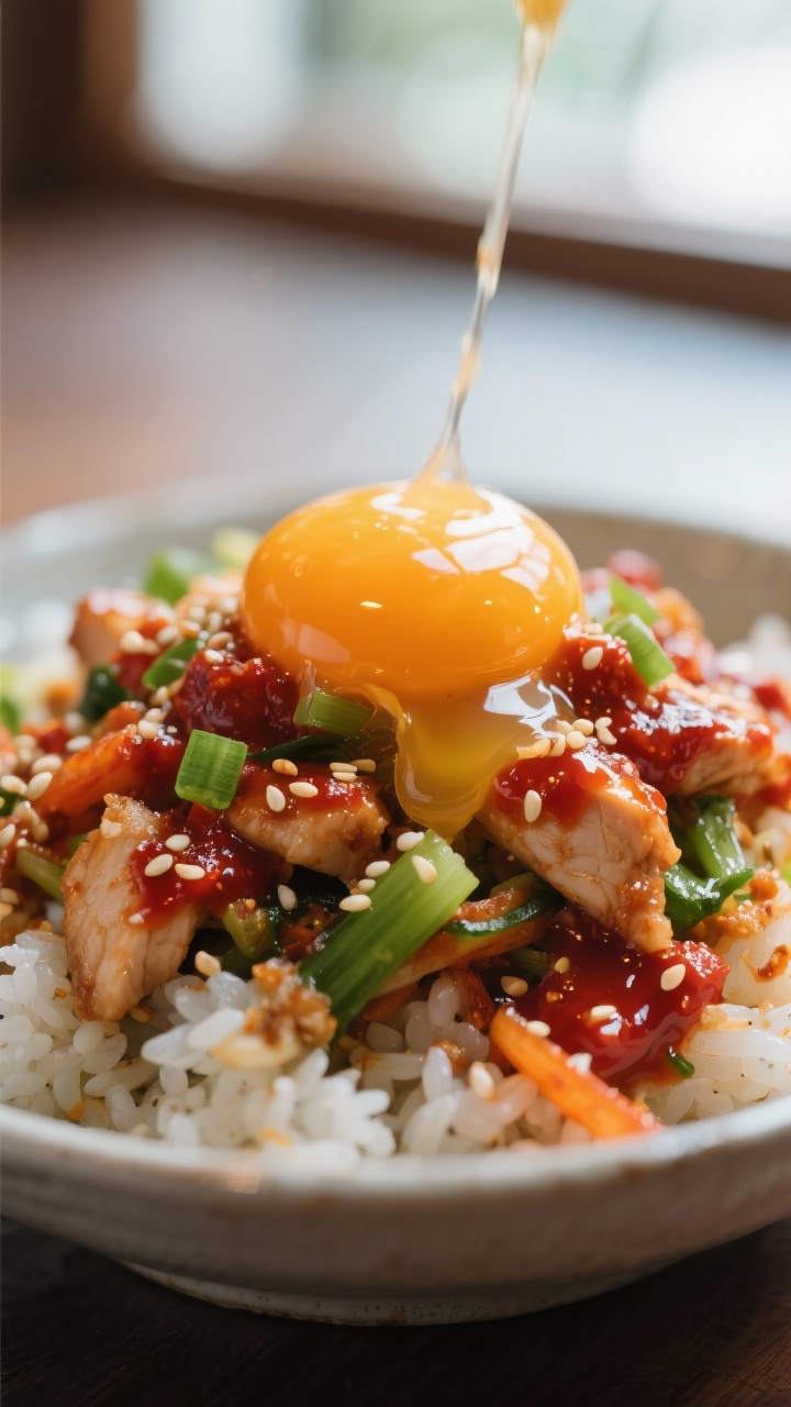 Close-up detail: Macro shot of the moment the runny yolk breaks over the mixed bibimbap—glossy yol