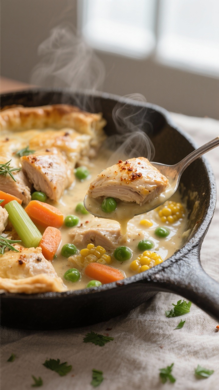 Close-up detail shot: A spoon scooping silky, velvety chicken pot pie filling from a cast-iron skill