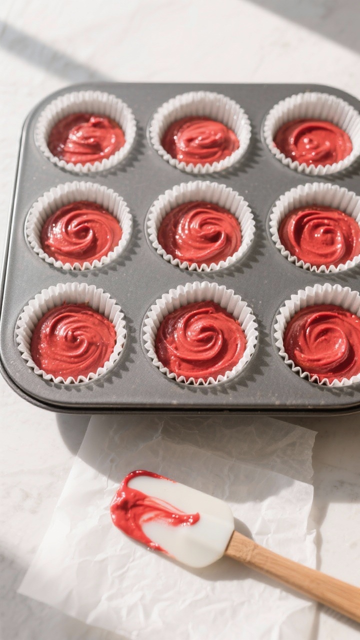 Cooking process: Overhead shot of a 12-cup muffin tin lined with white paper liners, each filled abo