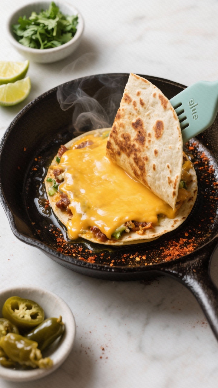 Cooking process: Overhead shot of a large cast-iron skillet over medium heat with a full-size quesad