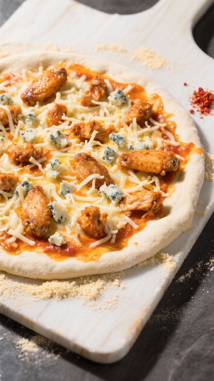 Cooking process: Overhead shot of a stretched 12–14 inch pizza dough on a cornmeal-dusted peel, br
