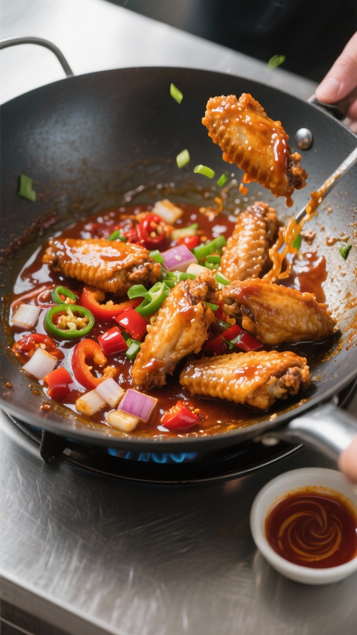 Cooking process: Overhead shot of a wok on high heat as the fried wings are being tossed in the thic