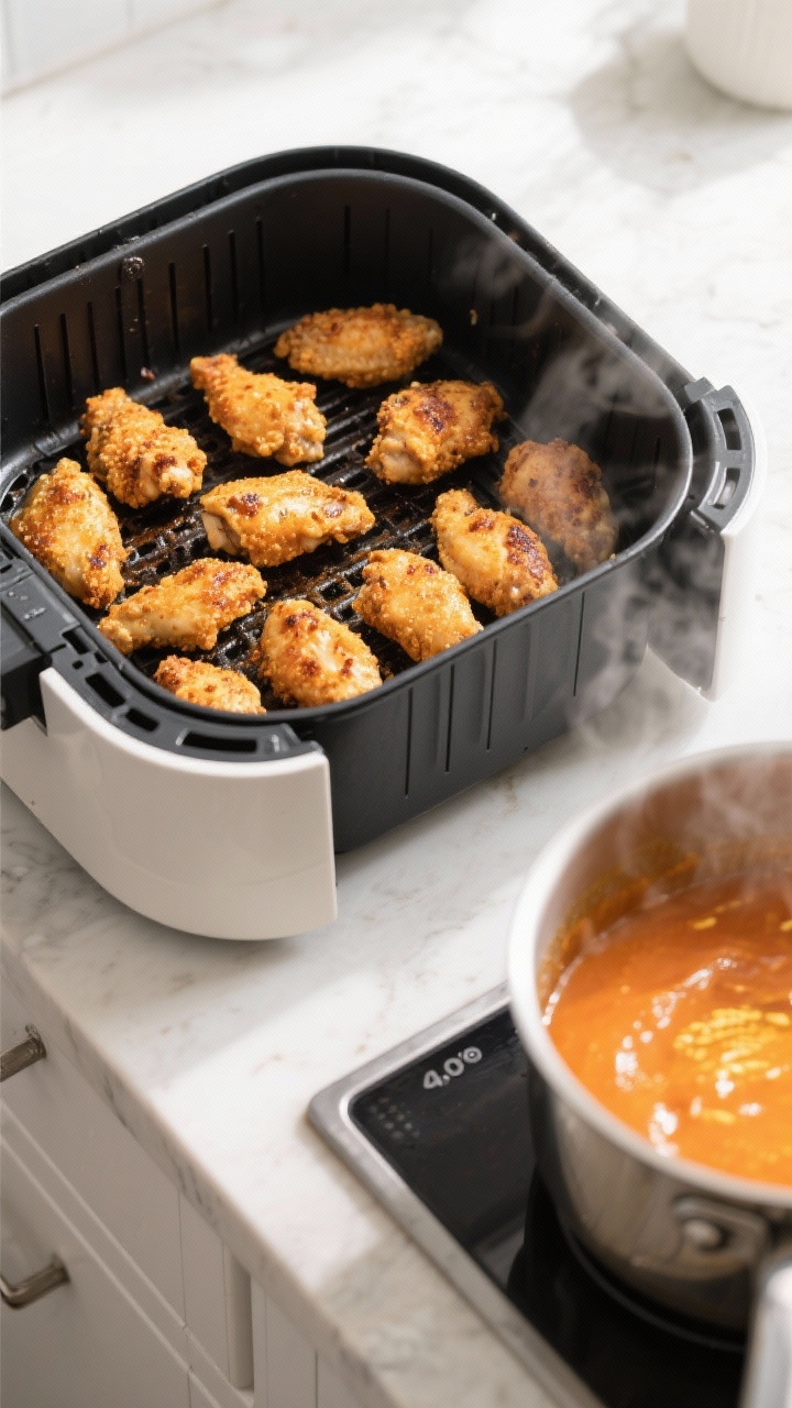 Cooking process: Overhead shot of air fryer basket at 400°F filled in a single layer with evenly sp