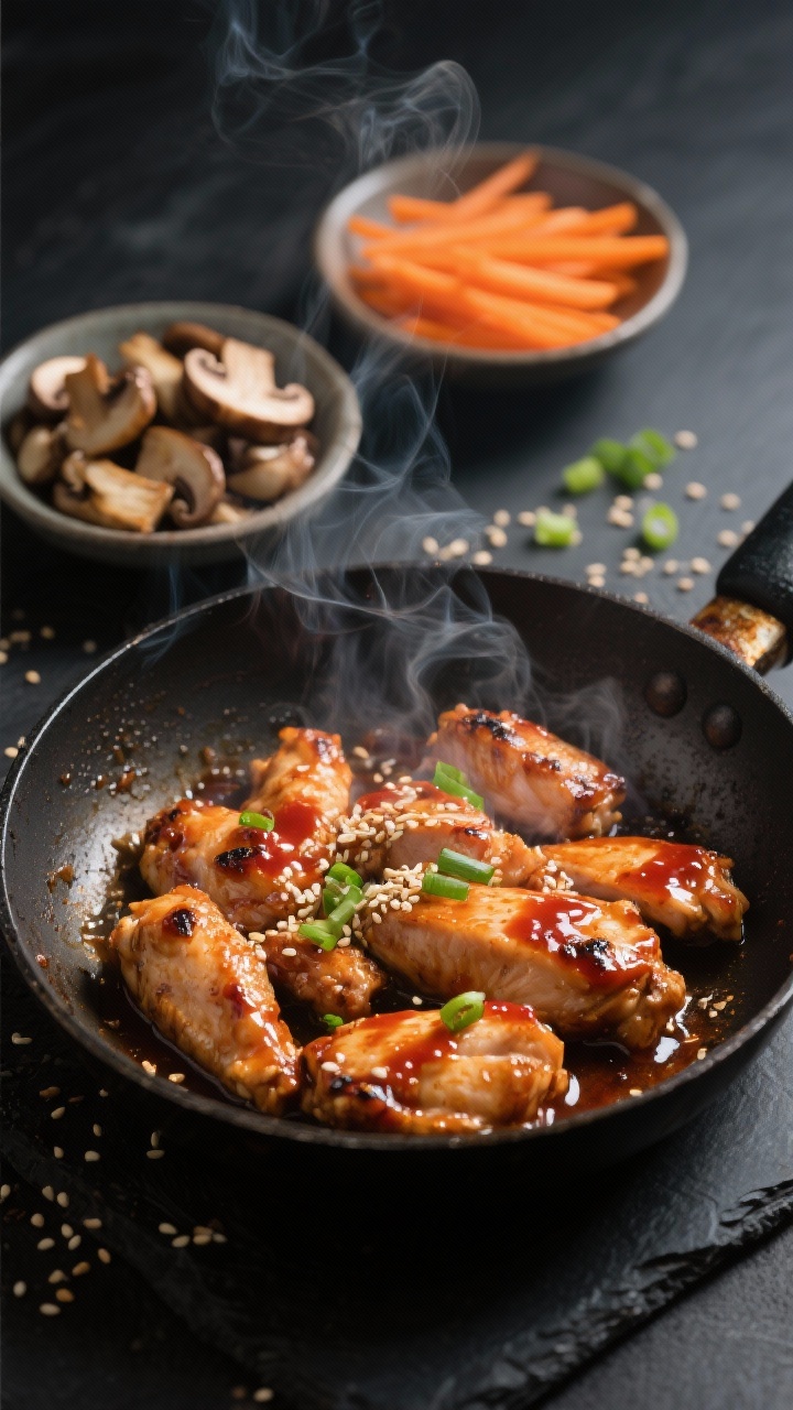 Cooking process: Sizzling chicken thigh strips in a carbon-steel skillet over high heat, glossy from