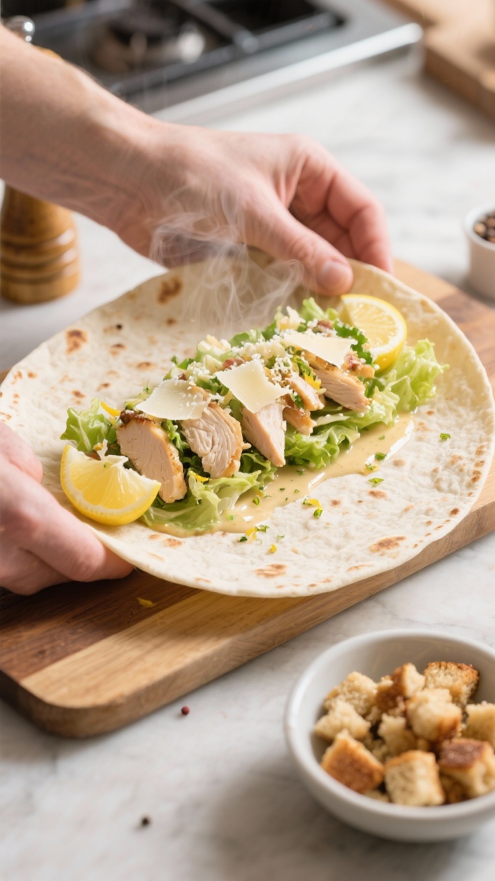 Cooking process: Warm tortilla on a board being filled (no people visible) with a neat line of tosse