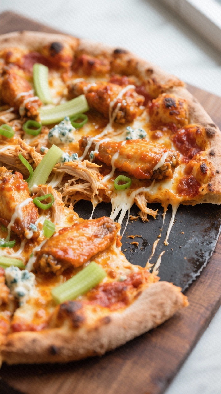 Final dish presentation: Beautifully baked chicken wing pizza on a dark pizza steel or rustic board,