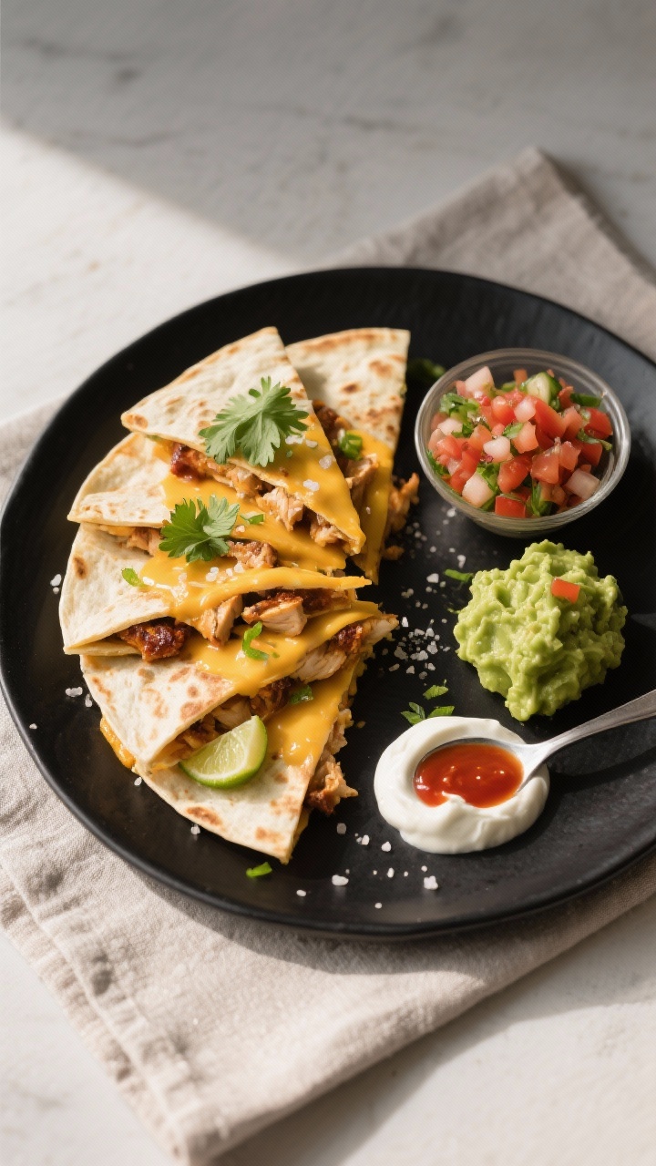 Final dish presentation: Restaurant-quality plate of sliced chicken quesadilla wedges arranged in a