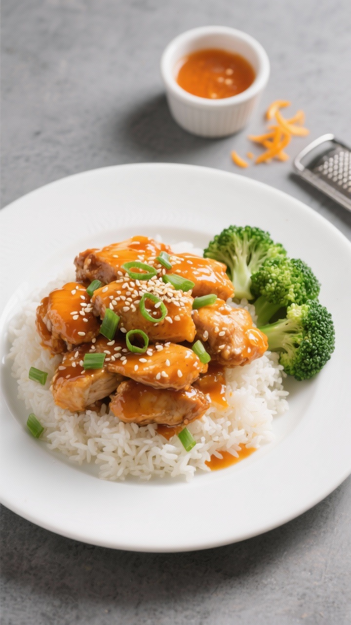 Final dish presentation: Restaurant-quality plated orange chicken piled high over fluffy steamed jas