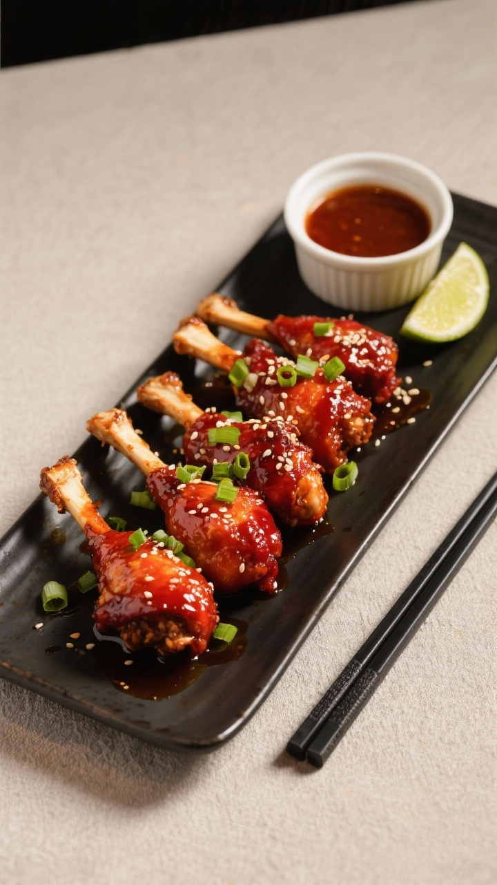 Final dish presentation: Restaurant-quality plating of Drums of Heaven on a long, dark rectangular p