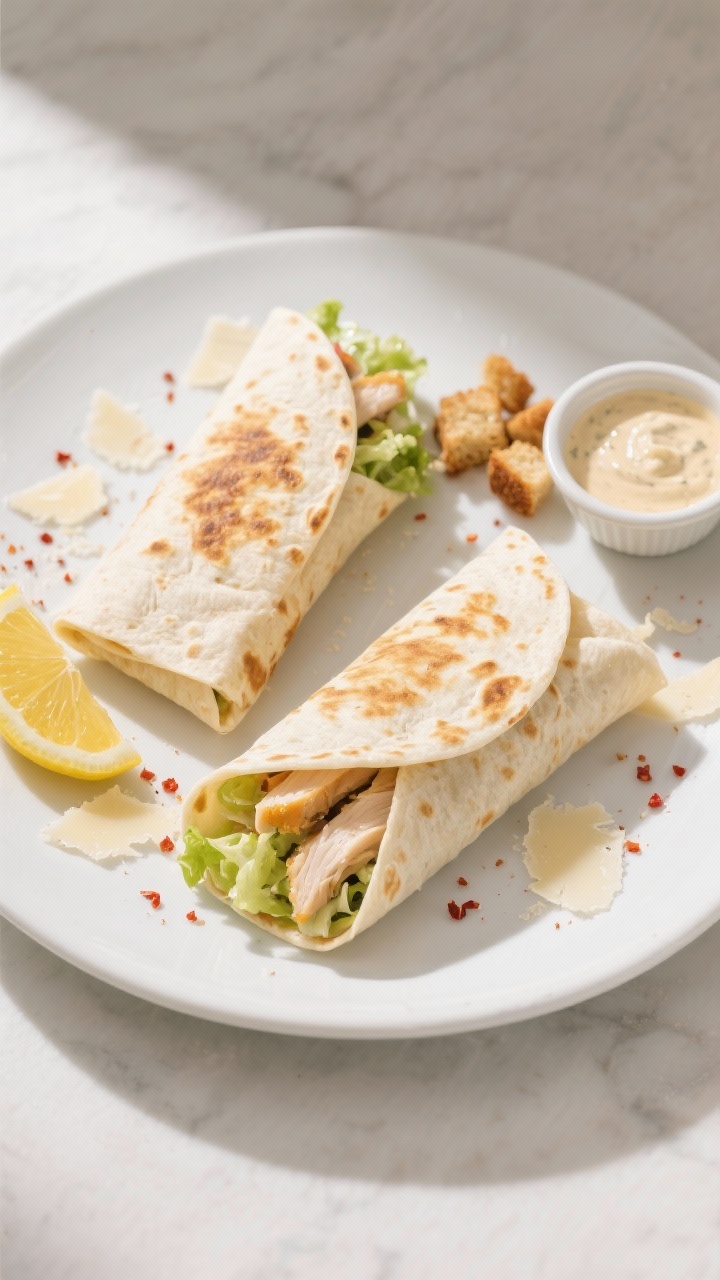 Final dish top view: Overhead shot of two diagonally sliced Chicken Caesar Salad Wrap halves, seam s