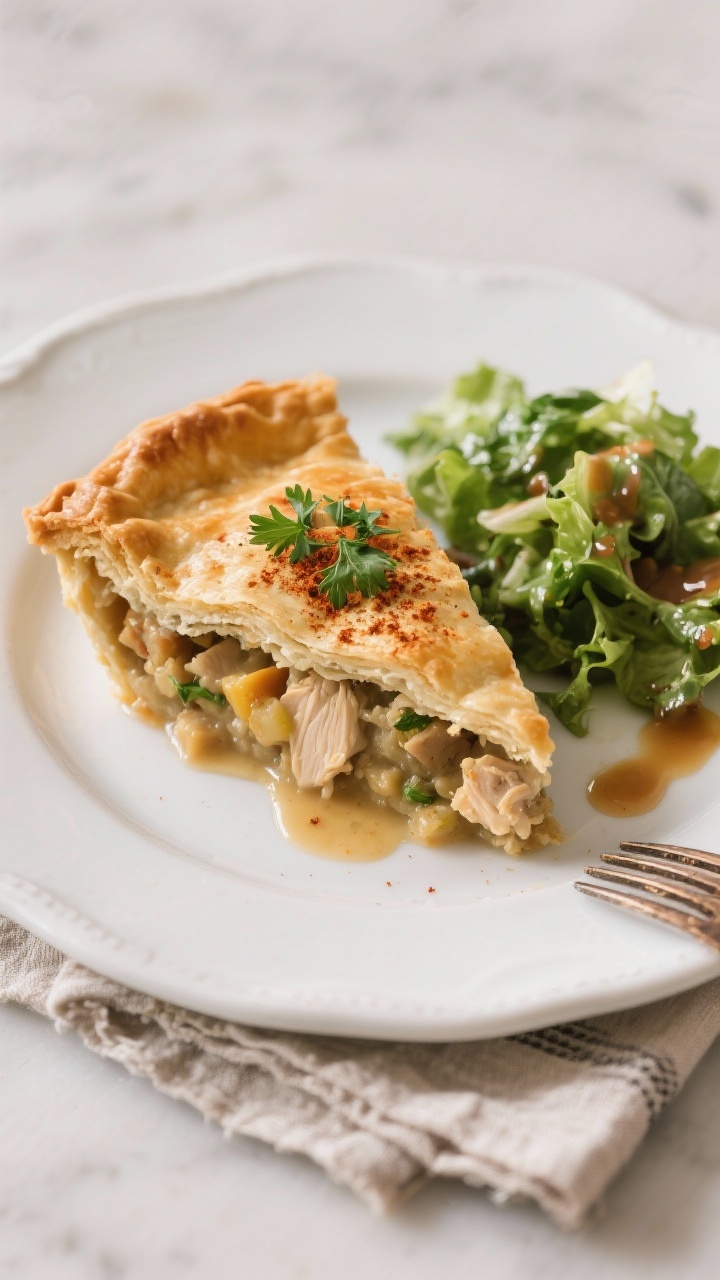 Final plated presentation: A generous slice of southern chicken pot pie on a white ceramic plate, cr