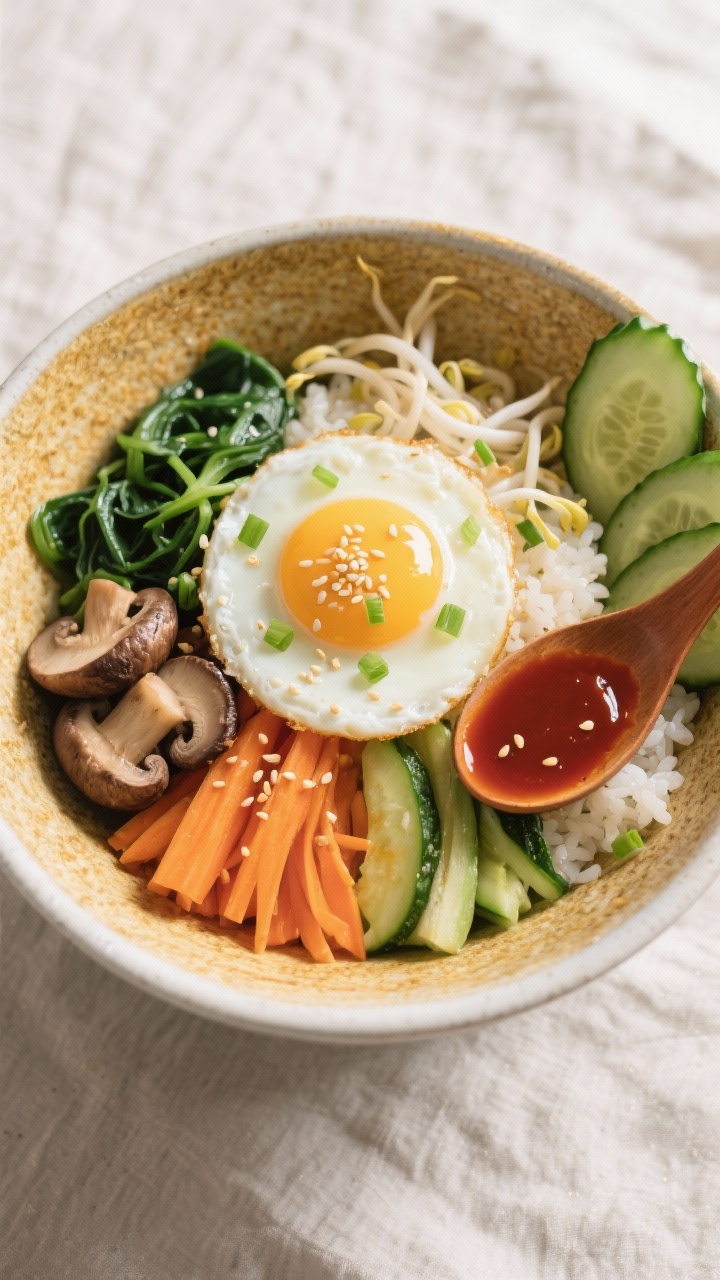 Tasty top view: Overhead shot of a bibimbap bowl with golden crispy rice layer peeking at the edges,