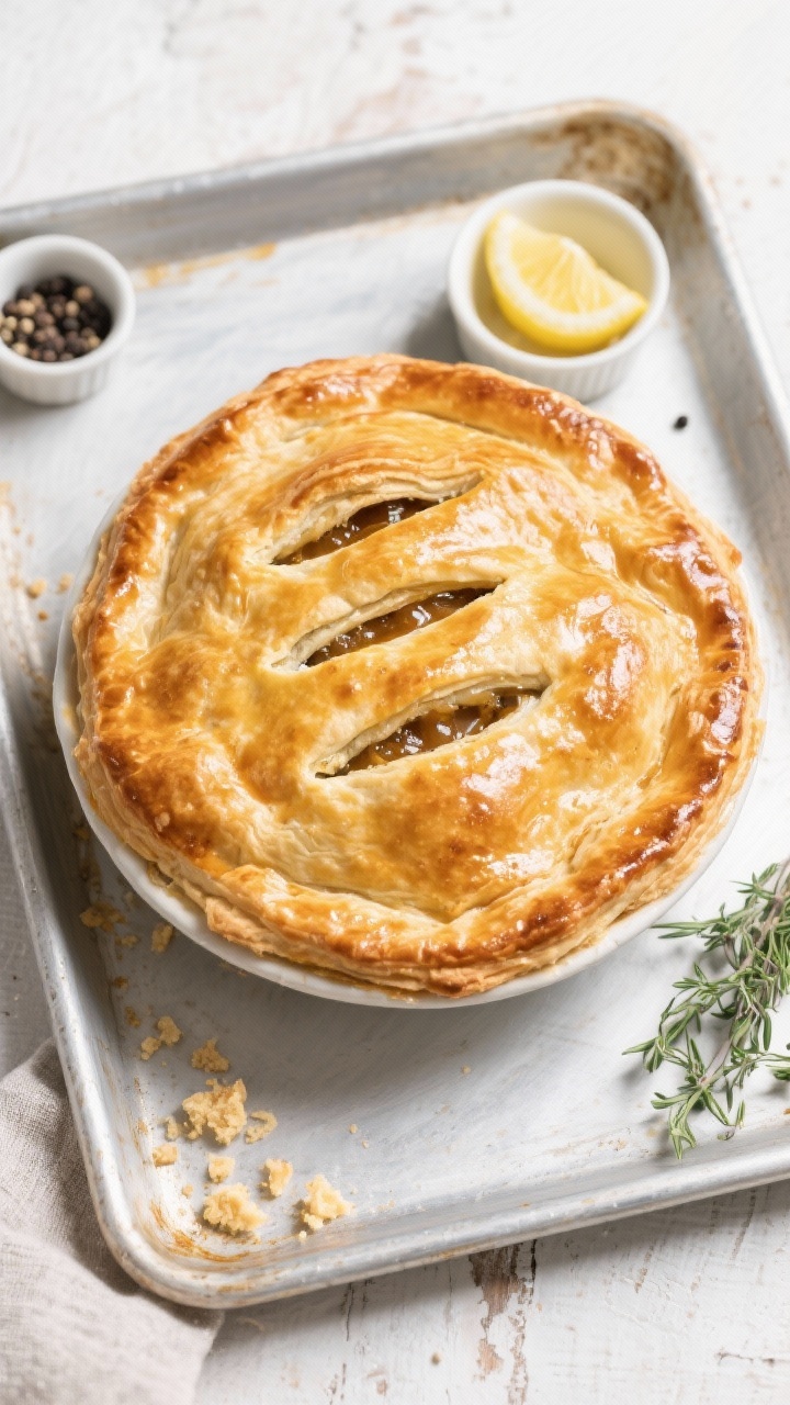 Tasty top-view shot: Overhead of the assembled pot pie just out of the oven—deeply golden puff pas