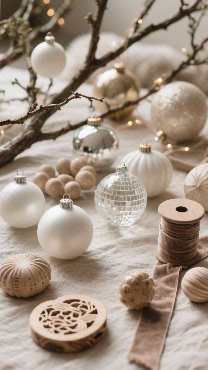 A closeup of a neutral ornament collection laid out on a linen surface: matte white baubles, champagne spheres, clear glass ornaments, and carved wood pieces in varied sizes and finishes. Some ornaments placed deep in tree branches in the background for glow and depth. A taupe linen or velvet ribbon spool rests beside for a refined finishing touch. Warm, cozy lighting.