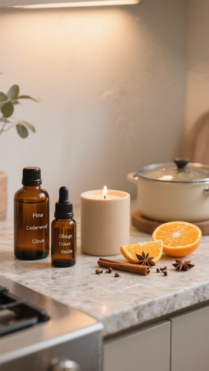 A closeup of a scent-focused neutral vignette: amber glass essential oil bottles labeled pine, cedarwood, clove, orange, vanilla beside a minimalist beige candle in a neutral vessel. Nearby, a simmer pot scene with orange slices, cinnamon sticks, star anise, and cloves on a stone countertop. Warm, cozy kitchen light, no bright colors.