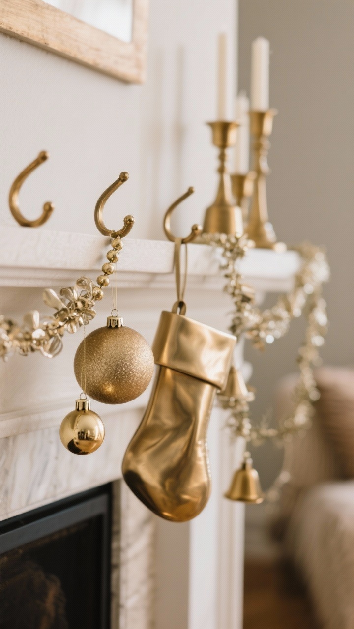 A detail shot of warm metals with minimal shine: brushed brass stocking hooks on a mantle, satin-finish champagne ornaments, understated brass candleholders and a simple brass bell garland draped loosely. The metals share a cohesive finish, catching soft ambient light for a gentle glint—no high-gloss reflections.