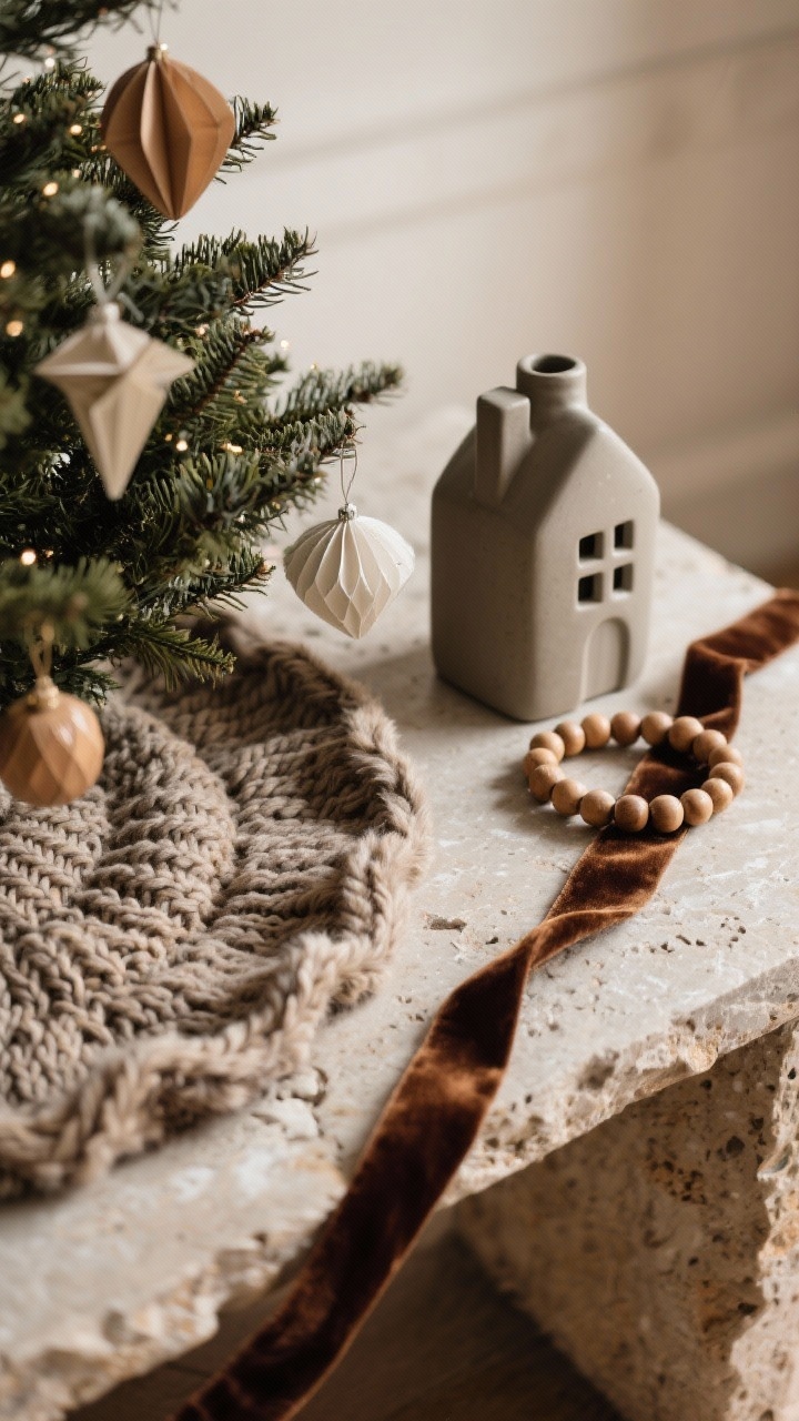 A detailed closeup showcasing layered textures: a chunky knit tree skirt, faux fur draped nearby, matte ceramic house, wooden bead garland coiled beside paper ornaments, and a velvet ribbon trailing across a stone tabletop. Warm, diffused light highlighting the tactile contrast of raw wood, ceramic, paper, stone, and velvet.