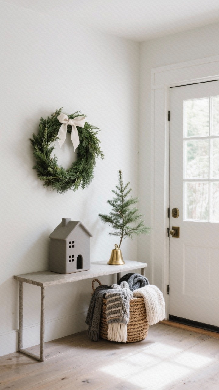 A medium, angled shot of a quiet entryway: a minimal greenery wreath on the door with no bow, a console with a matte ceramic house, a small potted pine, and a single brass bell, plus a woven basket filled with knit scarves and throws. Clean, airy composition with natural daylight filtering in.